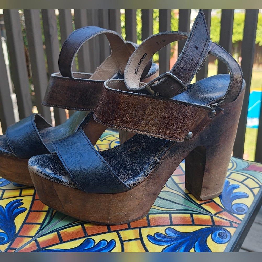Bed Stu Marilyn Brown Leather Platform Sandals with Wooden Heel, Size 7